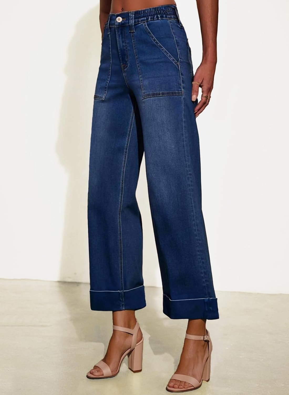 EVALESS Womens High Waist Wide Leg Jeans Trendy Cropped Denim Pants Solid Ankle Length Stretchy Jeans with Pockets - Image 3