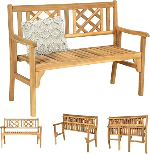 Banco de jardín rústico, banco plegable para exteriores con respaldo alto y reposabrazos, banco de madera de acacia de 4 pies, silla de dos plazas