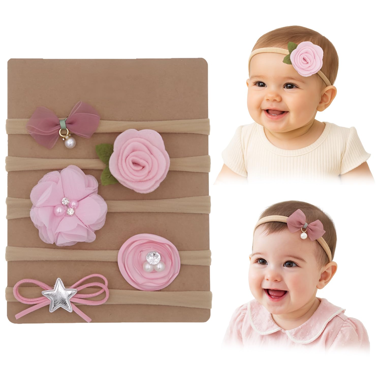 syga 5 pcs baby headband, flower, star & bow stretchable, nylon hairband for newborn infant toddlers kids 0-3 year-light pink