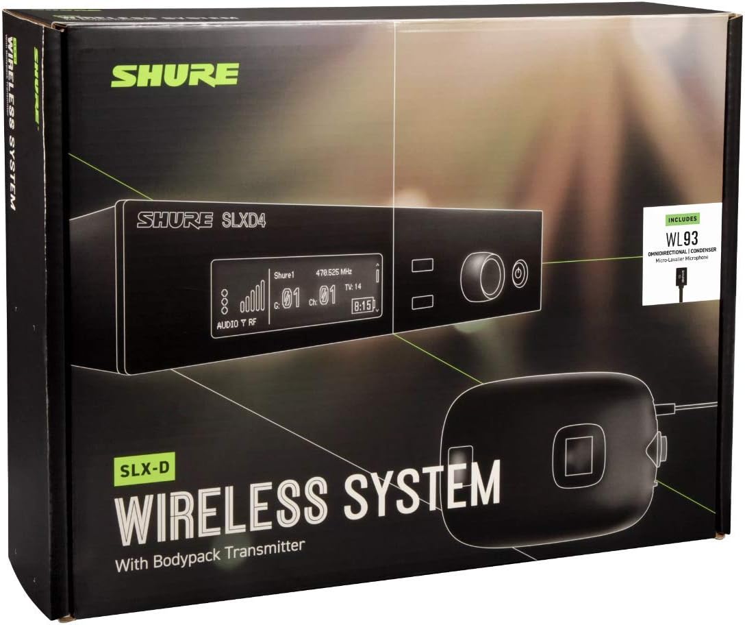 Shure SLXD14/93 Digital Wireless Microphone System - Includes SLXD1 Bodypack Transmitter with WL93 Miniature Lavalier Mic & SLXD4 Single Channel Rack Mount Receiver | H55 Band (SLXD14/93-H55)
