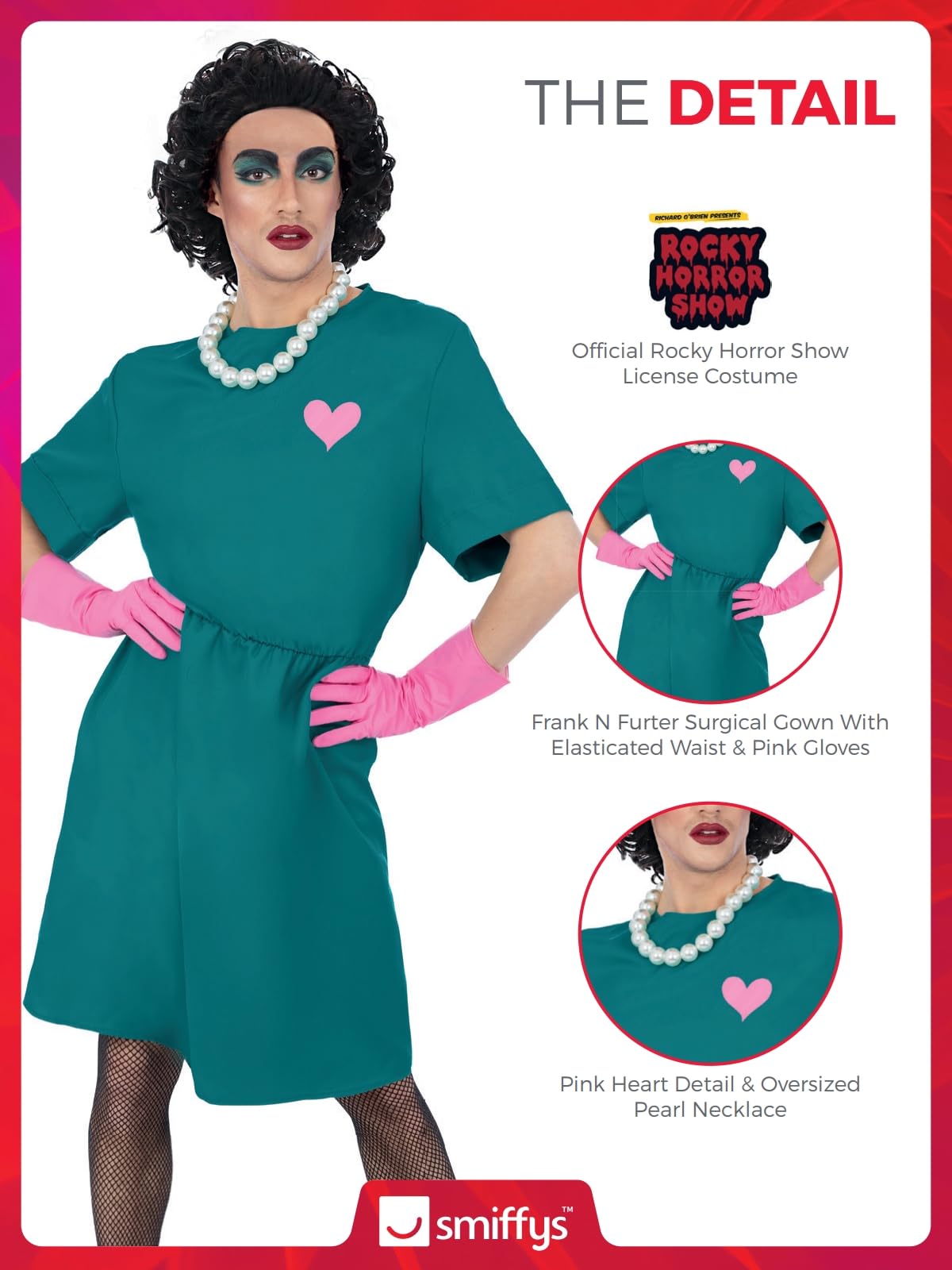 Smiffys Rocky Horror Show Frank N Furter Costume chirurgico, abito, guanti e collana, licenza ufficiale Rocky Horror Picture Show Fancy Dress, costume per adulti