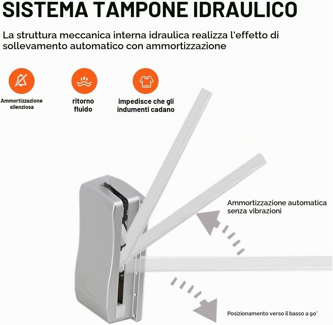 Appendiabiti Saliscendi per Armadio, Appendiabiti Estraibile Regolabile da 839 a 1210 mm per Guardaroba, Meccanismo Barra Appendiabito con Apertura e Chiusura Assistita, Portata 20 kg