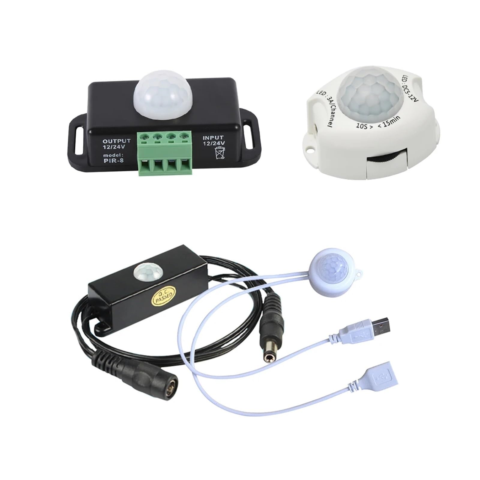 DC5V-24V 12V PIR Sensor de movimiento infrarrojo del cuerpo humano, control del detector de luz LED, barra de luz LED, conector de interruptor de sensor fotosensible (TDL-2023USB blanco)