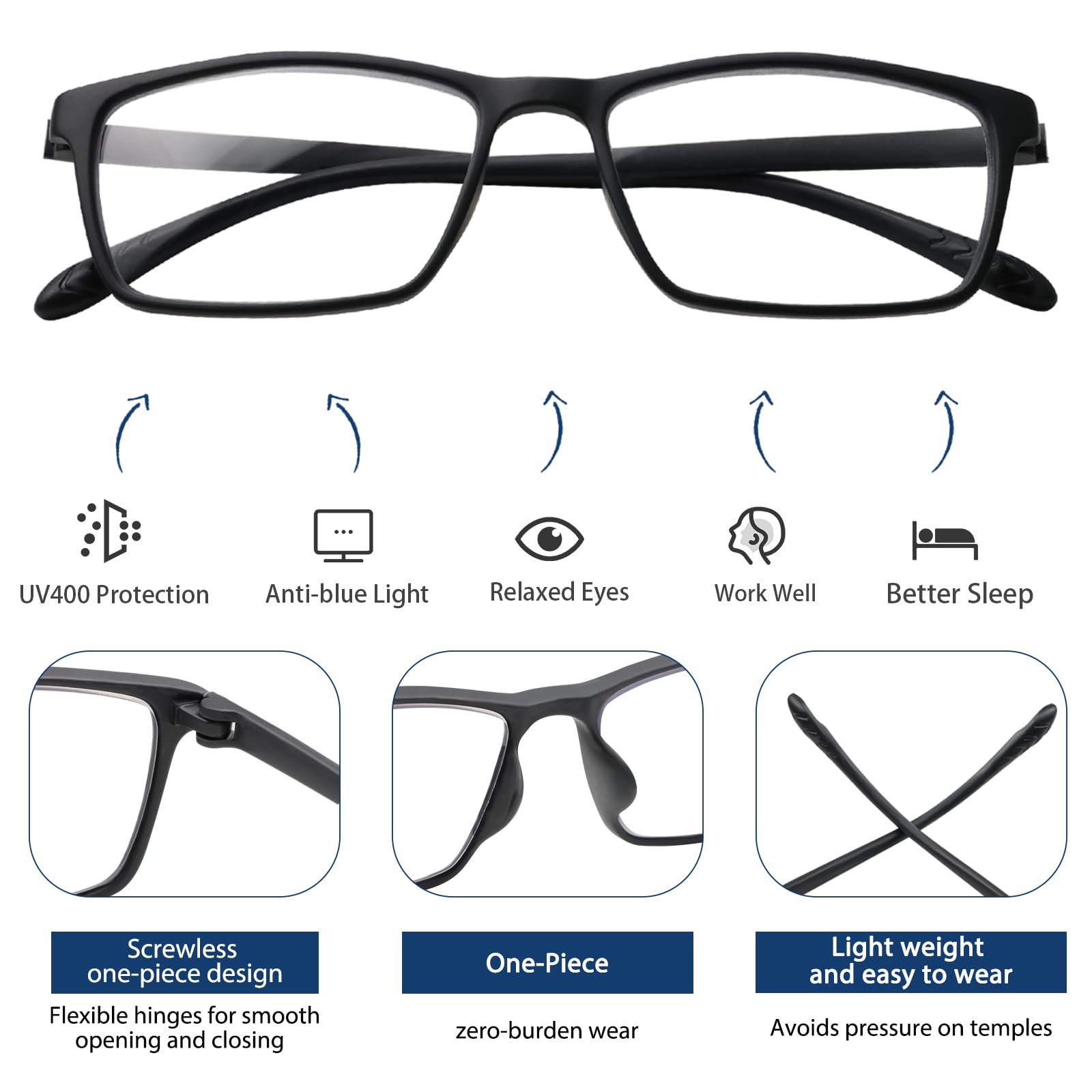 K.LAVER Premium Progressive Multifocal Reading Glasses Photochromic Lens TR90 Black Rectangle Seamless Transition Sunglasses