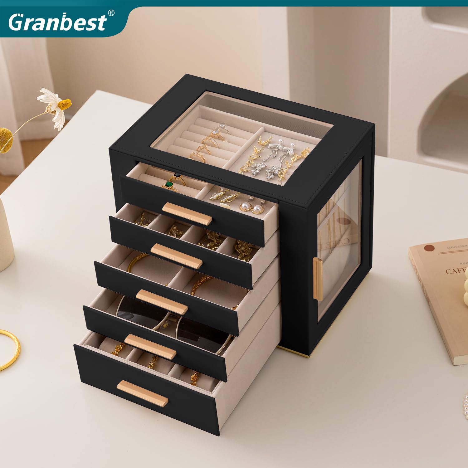 Granbest 5-stöckiger Schmuckkasten mit Glasdeckel, Hochkapazitäts Schmuckorganiser mit Schubladen & Spiegel, PU-Leder Schmuckkästchen für Halsketten, Ohrringe, Ringe, Armbänder (schwarz)