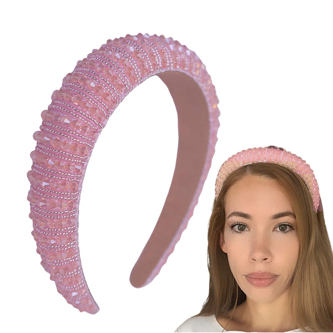 Rhinestone Headbands for Women – Diamond Padded Wide Breaded Sparkly Bling Fashion Crystal Bling Glitter Jewels Boho Bridal Elegant Wedding Thick Big Trendy Hair Accessories (Pink Pearl)