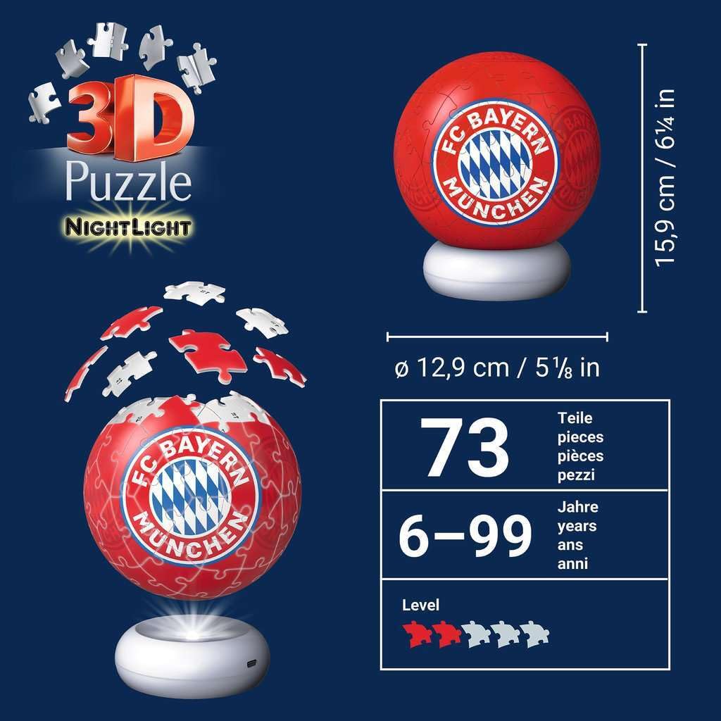 Ravensburger 3D Puzzle Nachtlicht FC Bayern München - Puzzle-Ball mit LED Nachtlicht als Nachttischlampe für Kinder ab 6 Jahren