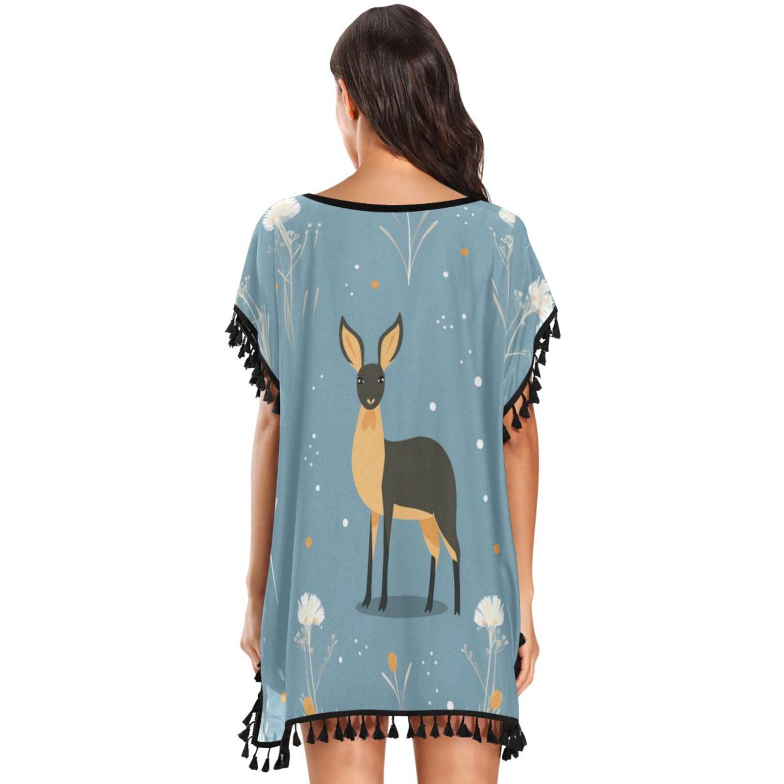 Beautiful Elk Deer White Flower Women's Beach Cover Up Chiffon Tassel Swimwear Swimsuit Coverups for Girl