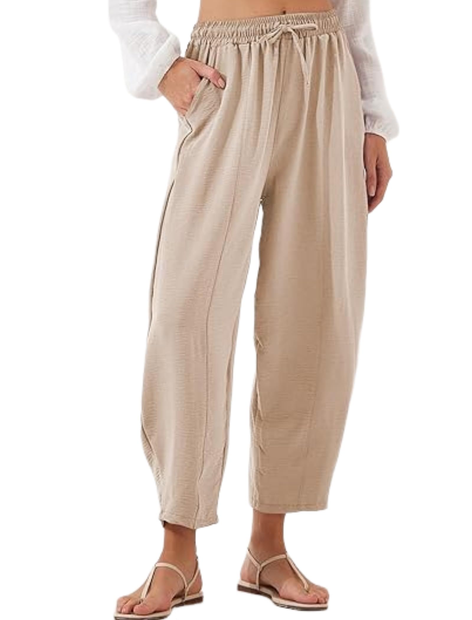ZAFUL Womens Summer Loose Trousers - Polyester Straight Leg with Pockets Casual Elastic Waist Drawstring Pants