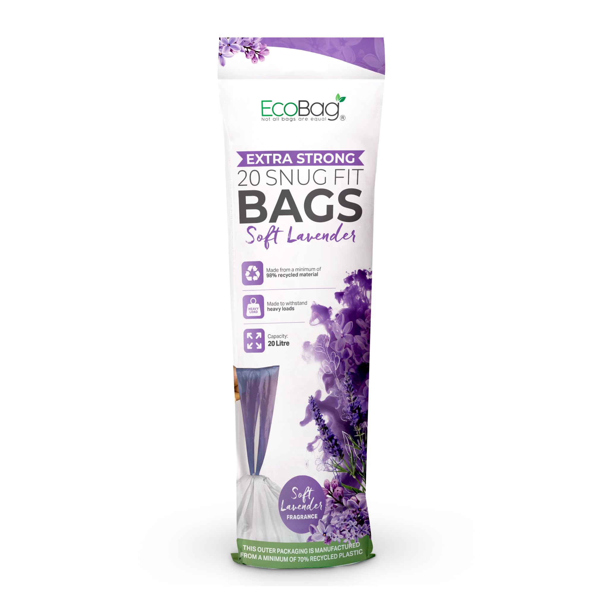 EcoBag - Lavender Scented Kitchen Drawstring Bin Liner - 20L - 24 Microns - Heavy Duty, Extra Strong, Brabantia Compatible, Tear Resistant, Odor Control (420 x 760mm) (20L, Pack of 1 (20 Count))