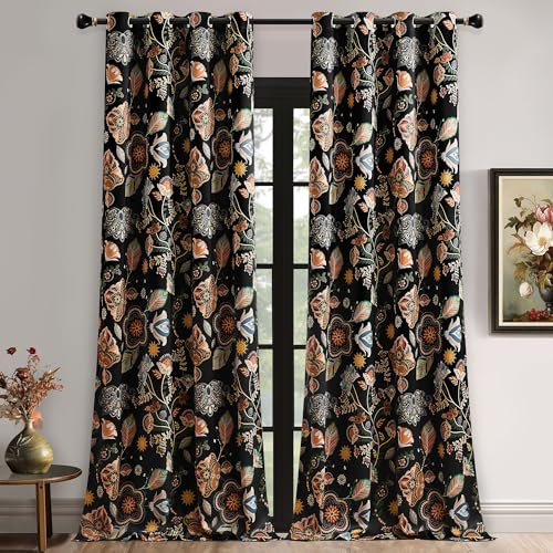 Image of XiDi Dark Black Floral Blackout Curtains 96 Inches Long for Living Room | 2 Panels Patterned Curtains Decorative Thermal Insulated Luxury Vintage Flower Botanical Printed Grommet Drapes 52x96