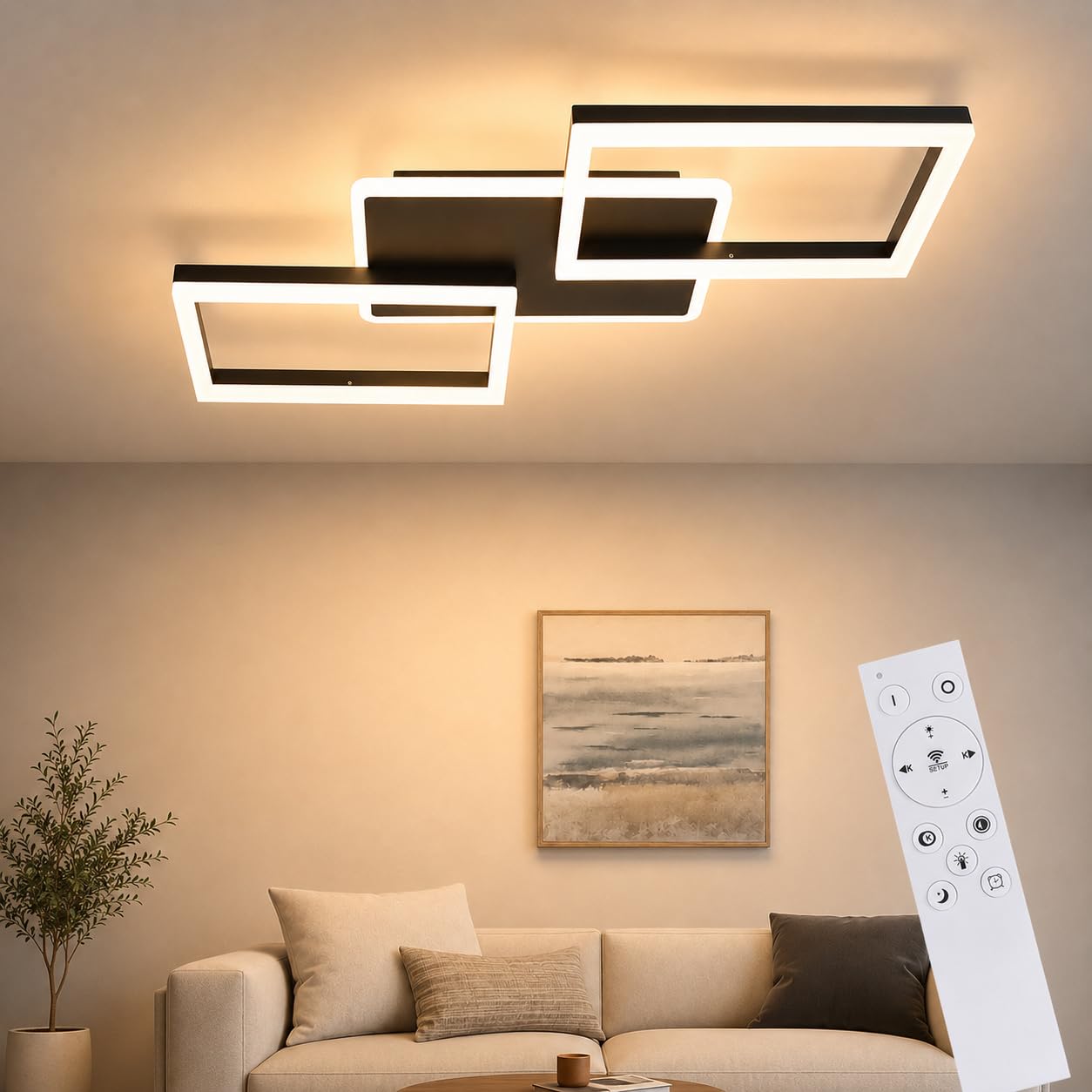 ZMH LED Deckenleuchte Wohnzimmer dimmbar 54cm Deckenlampe Schlafzimmer 48W | Wohnzimmerlampe Schwarz modern Schlafzimmerlampe decke Küchenlampe mit Fernbedienung aus Metall für Küche Esszimmer Büro