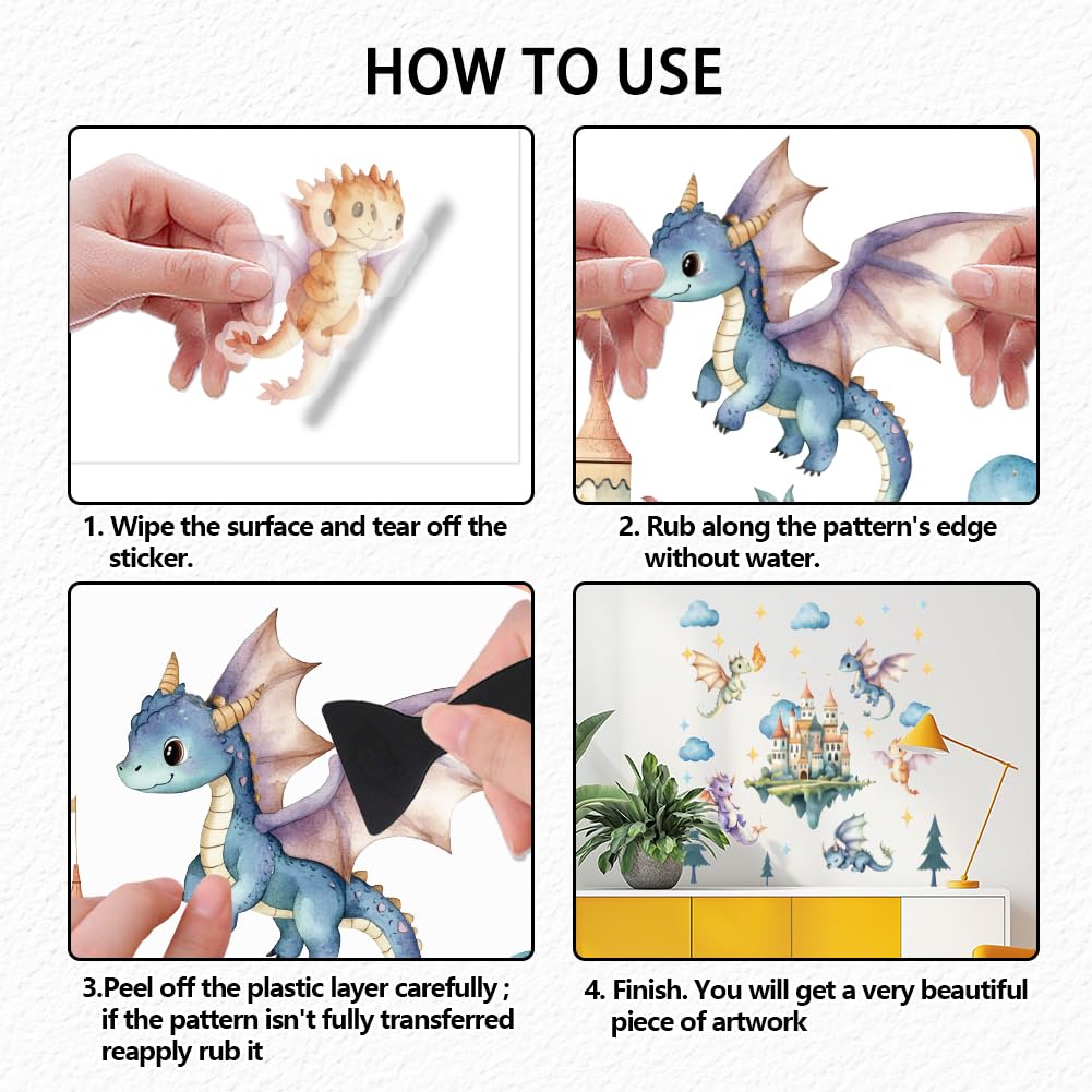 SUPERDANT Flying Dragon Wall Stickers Cartoon Castle Wall Decals Nursery Wall Stickers Dragon DIY Vinyl Murals Peel and Stick Wall Art Decor for Kids Room Playroom Living Room 3 Sheets/Set - Image 4