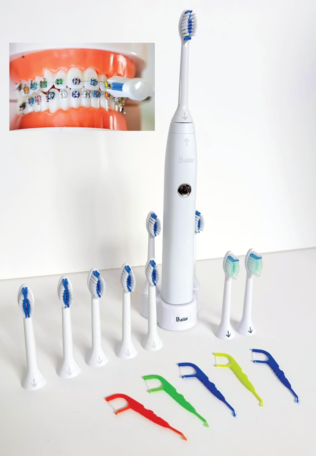 Braces Electric Toothbrush Complete Care Kit for Braces, Rechargeable with 8 Heads Bonus 2 AFTERCARE, 12 (Pack) Ortho Floss.