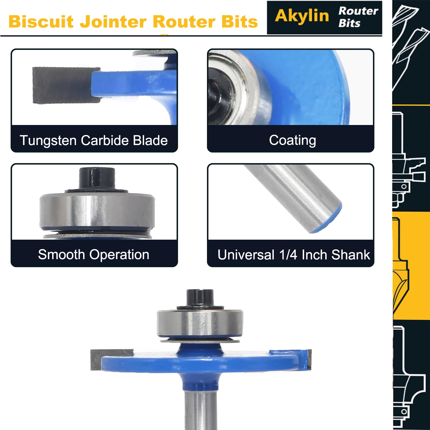 Akylin 20# Biscuit Jointer Router Bit, 1/4”Shank Biscuit Joint Slot Cutter Router Bits with Bearing - Image 4