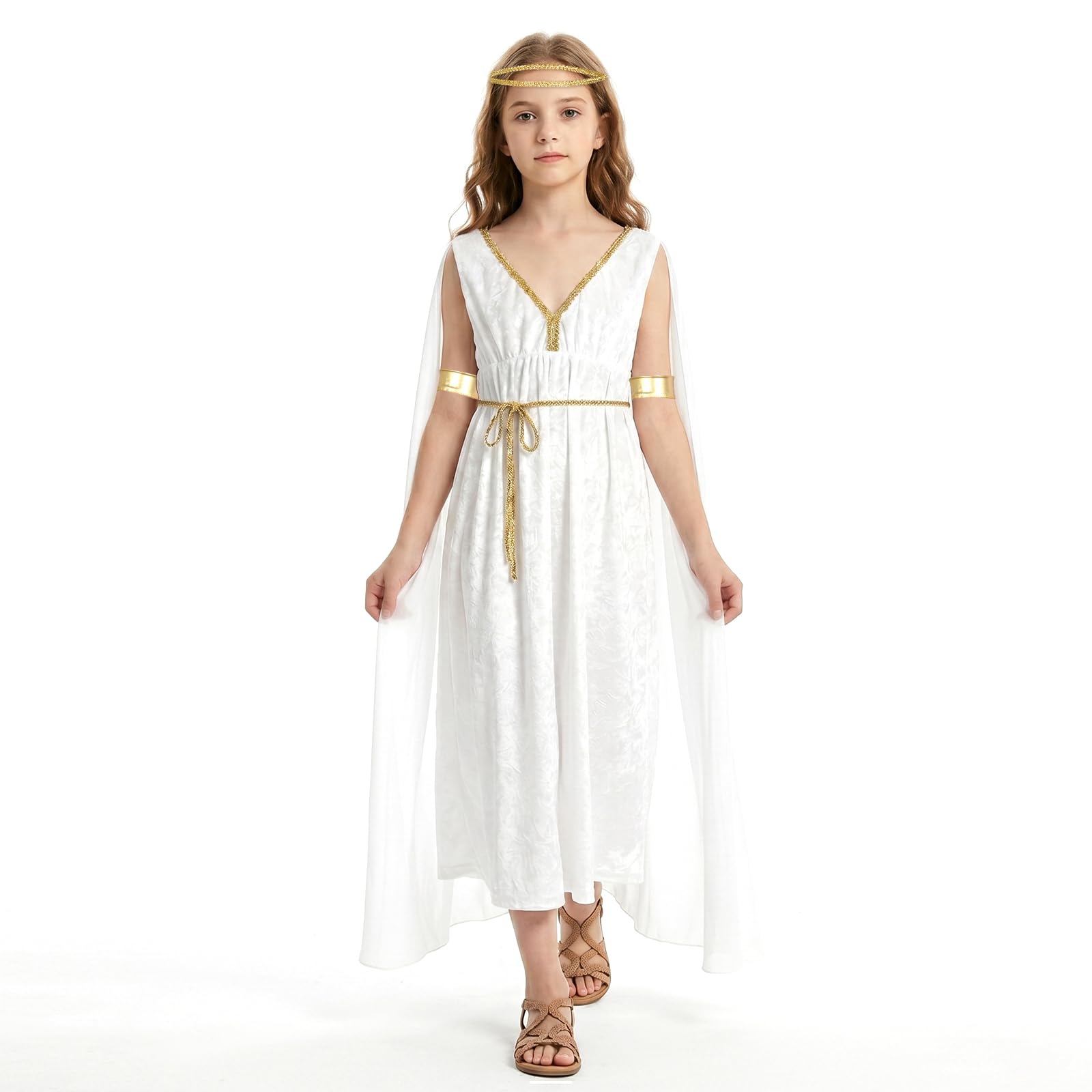 Alaoo Greek Clothing Girls, Greek Goddess Performance Costume with Gold Armband Waist Rope Headdress, Ancient Greek Goddess Girl Costume for World Book Day Christmas Halloween, Size L