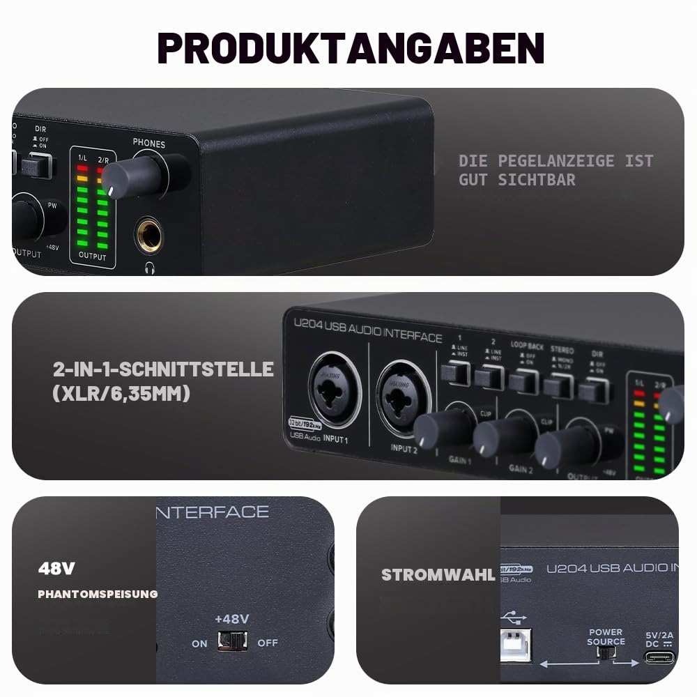 BOMGE U204 USB-Audio-Anschluss für die Aufnahme von Musik auf PCs, 2x2 Gitarren-Audio-Anschluss für Mac 32-Bit/192kHz Podcast-Streams, für Sänger-Produzenten mit 48V Mirage