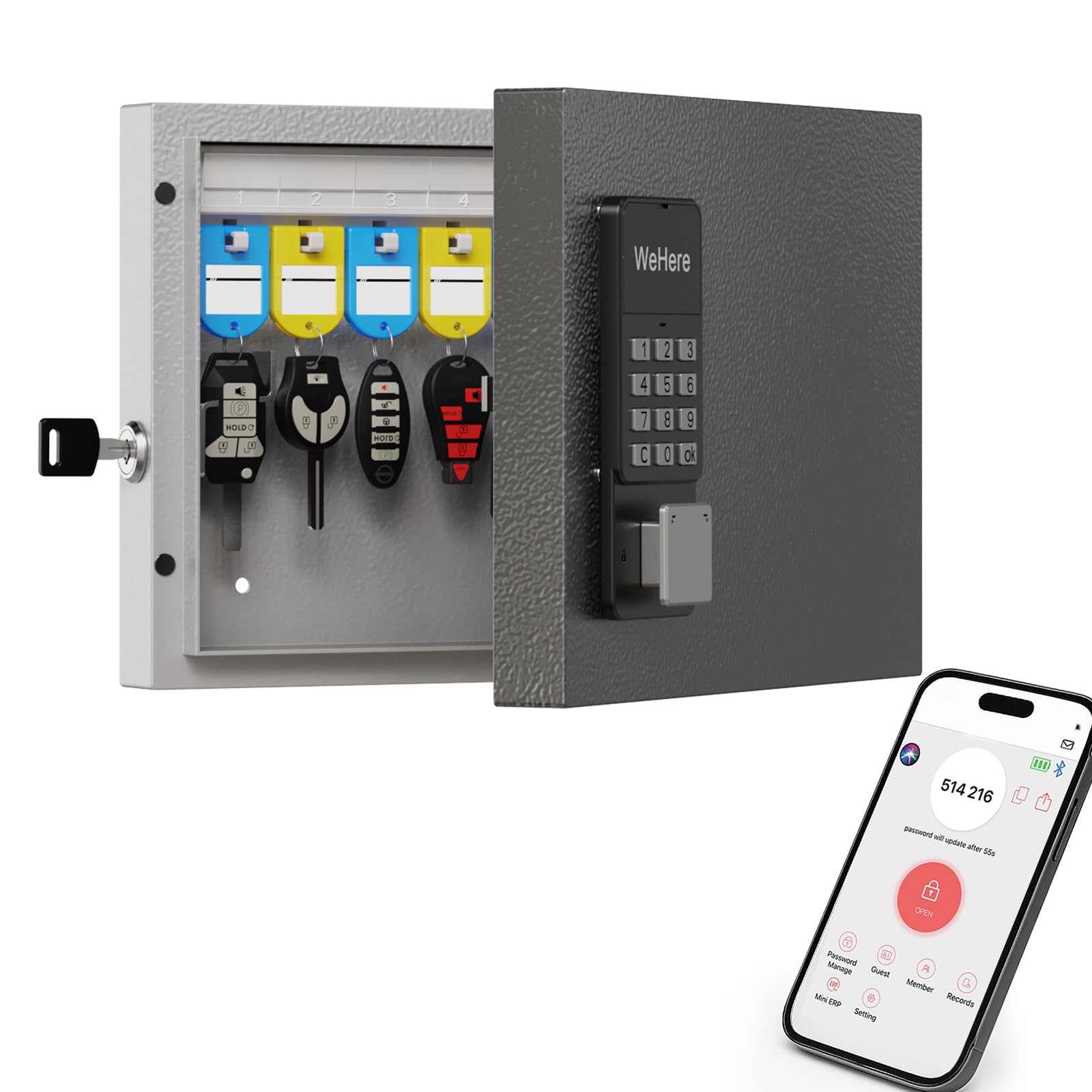 WeHere Schlüsselschloss Box Wandhalterung, 16 Schlüssel Schrank mit Smart Lock, Sicherheitsschlüssel Aufbewahrungsbox mit Zahlenschloss & Tags, OTP/APP/Fixed Code Unlock, Key Management System für