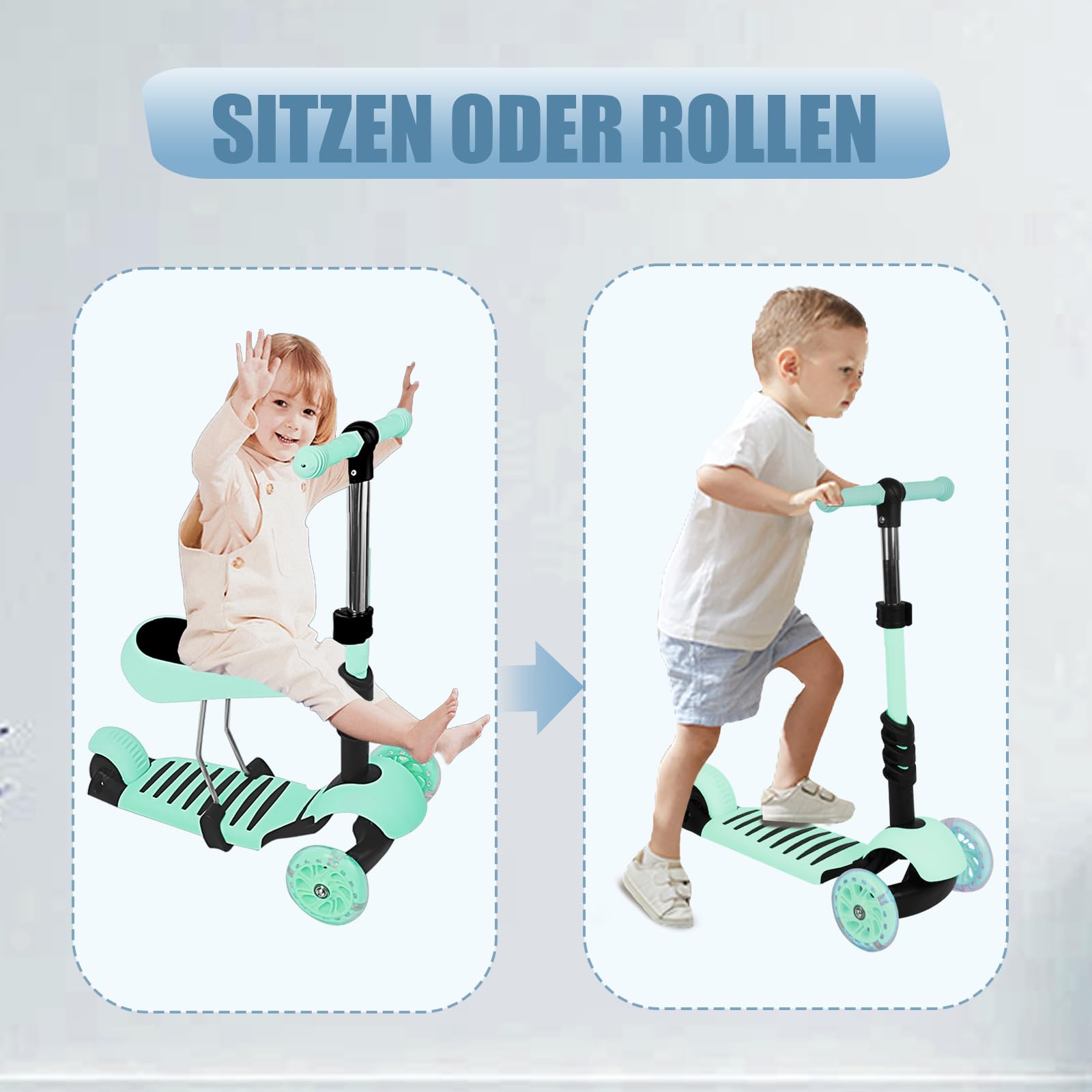 Patinete Scooter para niños con asiento extraíble, altura ajustable 2-8 años, rueda flash de PU, + caña telescópica