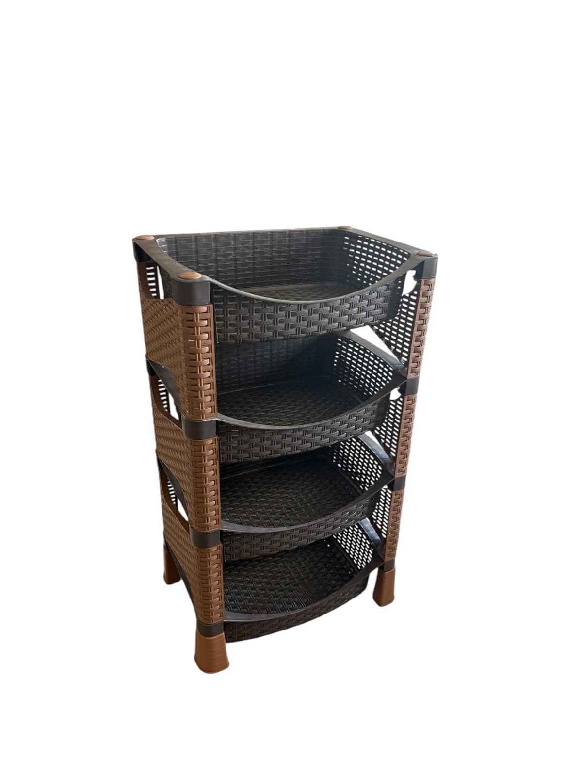 Gemüseregal mit 4 Etagen Regal – Kunststoff in Rattan-Optik – Braun/Schwarz – Stapelbares Küchenregal für Gemüse, Vorräte & mehr