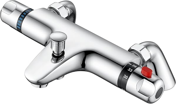 Thermostatic Bath Shower Mixer Tap, AIMOYO Deck Mounted Thermostatic Bath Tub Taps, Solid Brass Thermostatic Bathtub Shower Mixer Bar Valve, Thermostatic Bath Mixer Taps with Shower, 180mm