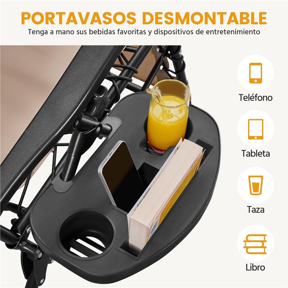 Yaheetech Tumbona Plegable para Exterior Tumbona Jardin Ligera y Portátil Silla Reclinable con Bandeja Lateral, Fácil de Mover para Exterior (1PCS Beige