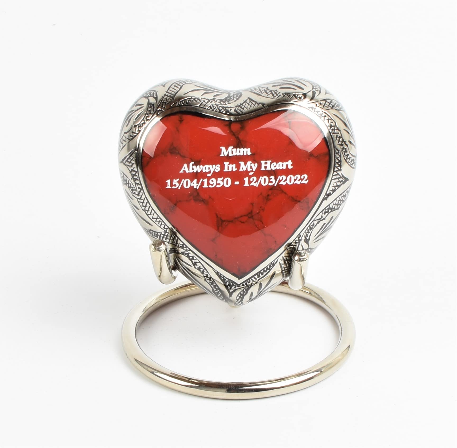 Small Heart Keepsake Cremation Urn for Ashes – 3-Inch Memorial Heart with Secure Screw Lid, Approx 15 Teaspoons Capacity, Includes Display Stand & Velvet Box (Red Cloud- Text Engraved) — image 1