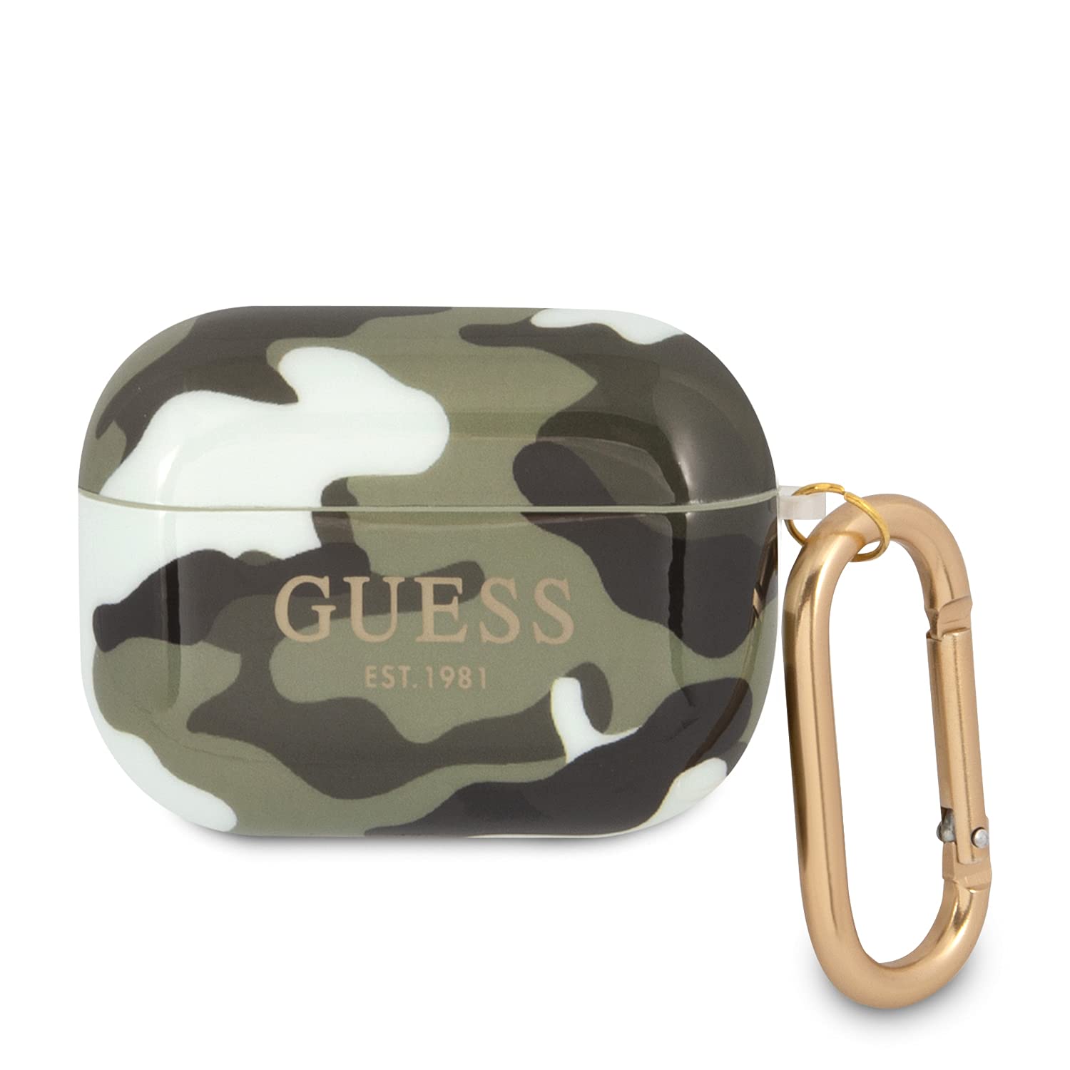 CG MOBILE Guess TPU Shinny Camouflage Case with Anti-Lost Ring Compatible for AirPods, Scratch & Drop Resistant Cover, Dustproof Protective Silicone Case Officially Licensed (AirPods Pro, Kaki)