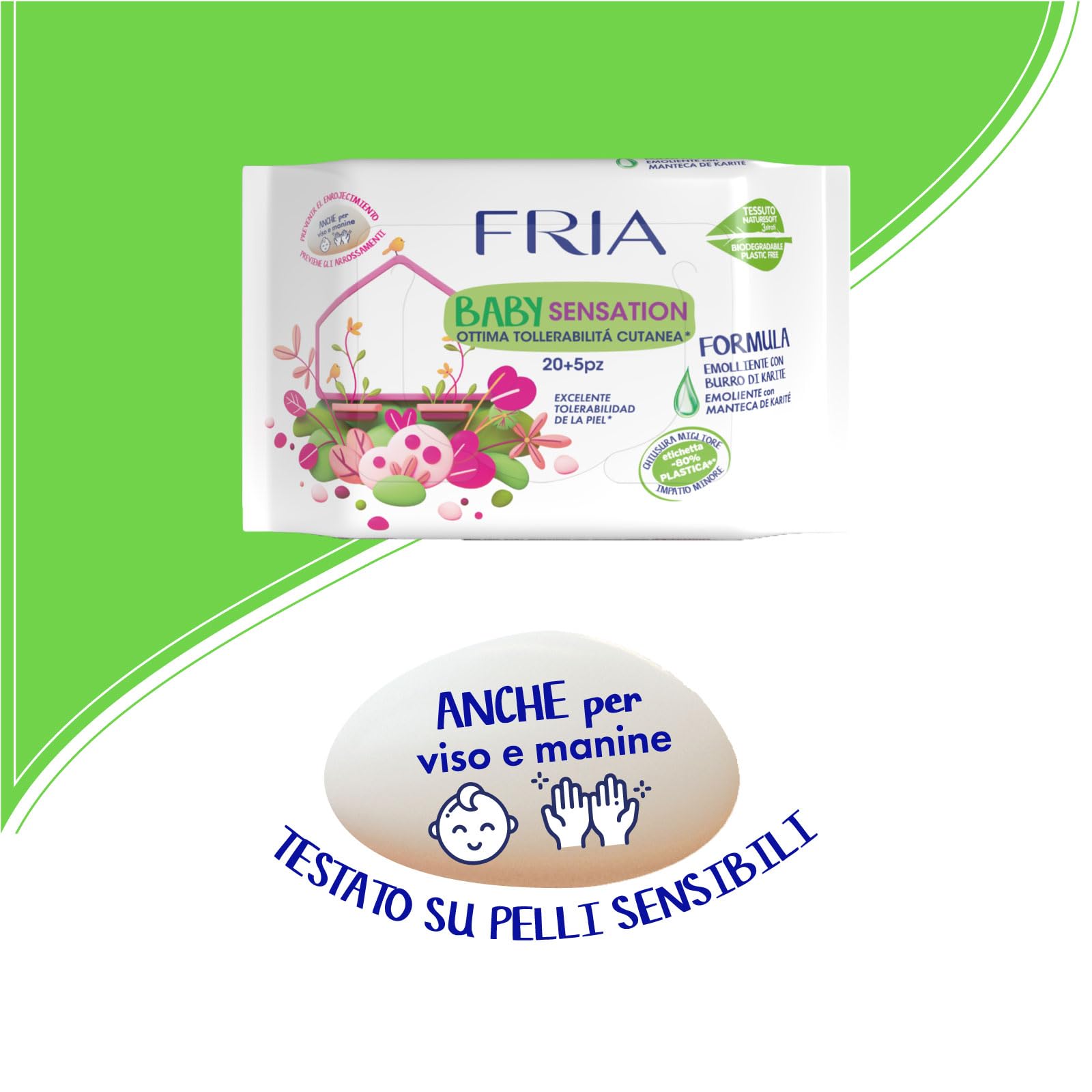Fria Baby Sensation Salviette per Cambio Pannolino, con Burro di Karitè ad Azione Emolliente sulla Pelle, Dermatologicamente Testate, Pratica Confezione da Borsa con 20+5 Salviette