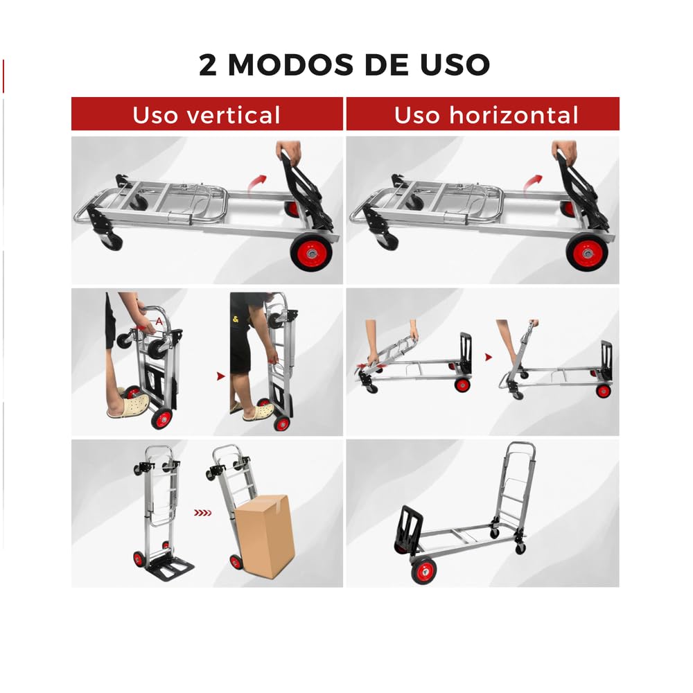 Carretilla de Mano de Aluminio 2 en 1, Carrito Plegable con 4 Ruedas, Convertible en Plataforma o Carro de Mano, Capacidad de 150 kg, Carro para Transporte en Almacen, Jardín, Hogar, Mudanzas