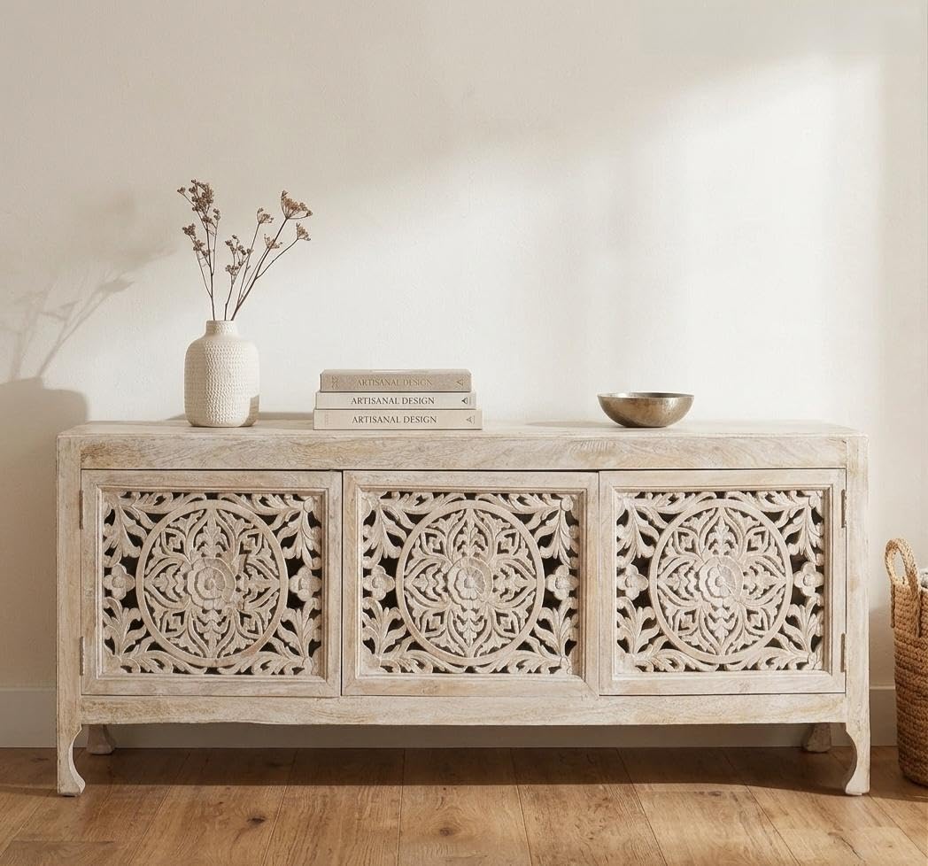 Handcrafted 3 Door Wooden Media Cabinet, Carved TV Console Cabinet, Solid Wood Entertainment Center, Rustic Storage Sideboard, Living Room Furniture, 66 x 17 x 26 Inches-image-19