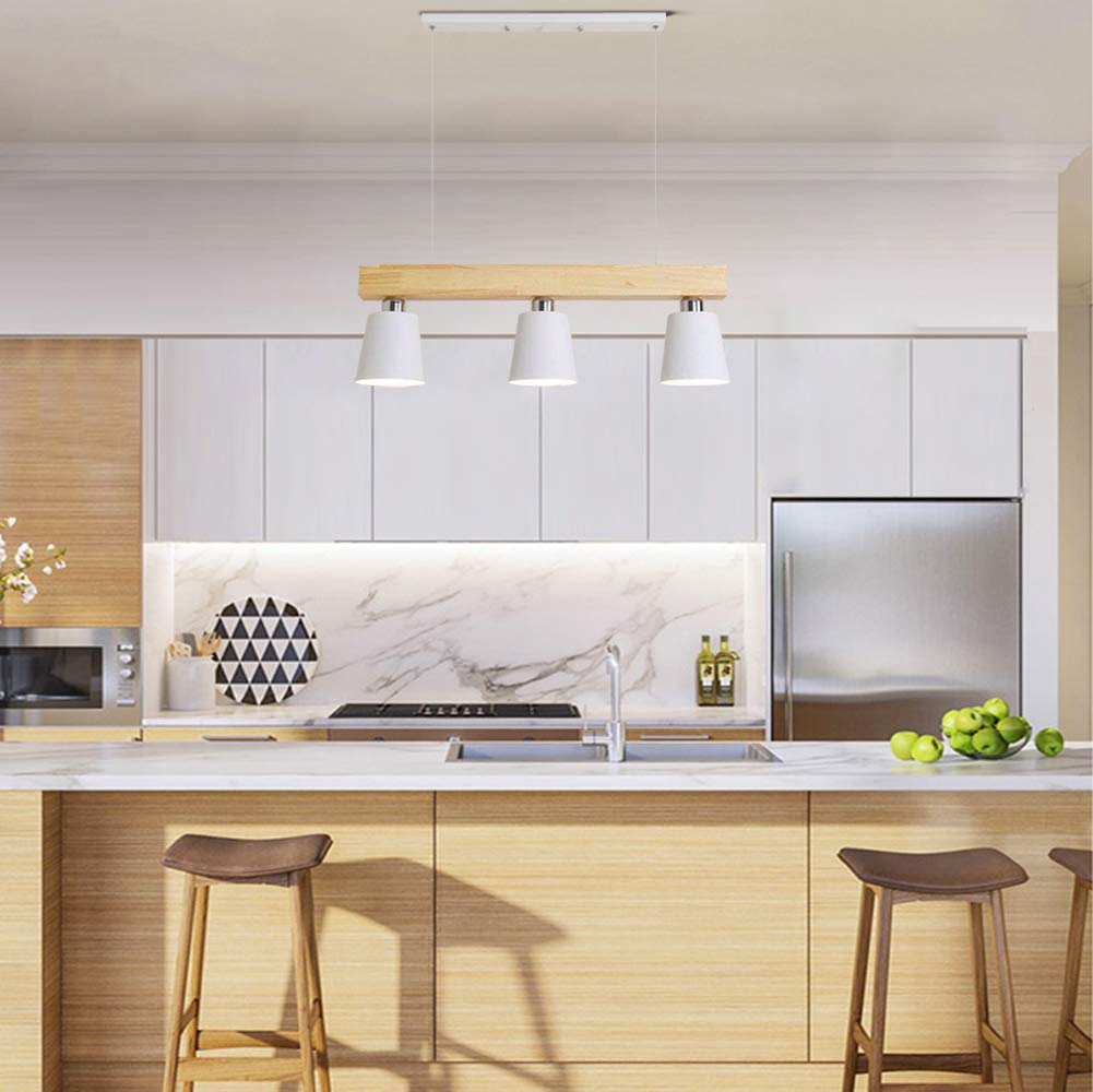 GBLY Lámpara colgante LED mesa de comedor madera 3 llamas blanco cálido | lámpara de mesa de comedor ajustable en altura para comedor sala de estar restaurante de oficina blanco, E27 iluminante incl.