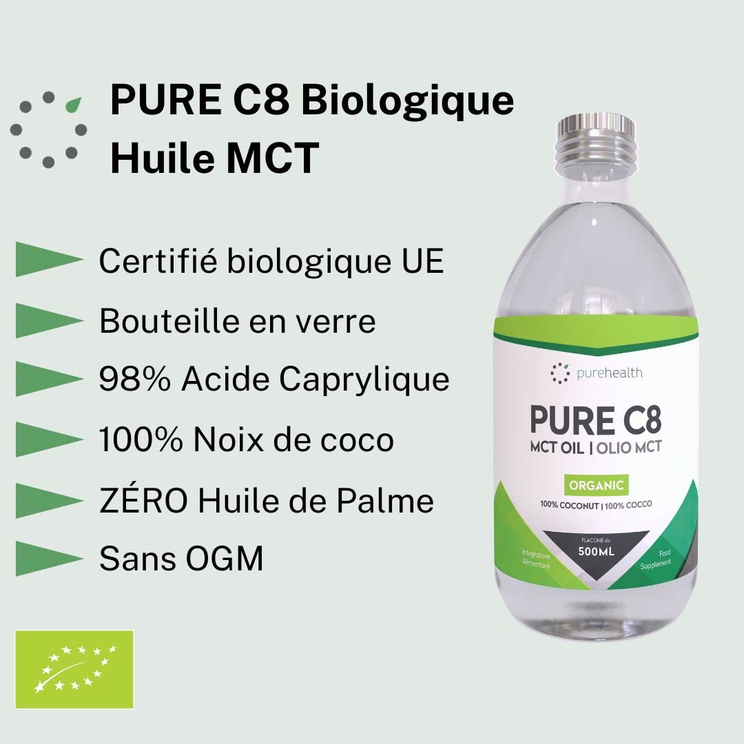 Huile de noix de coco MCT 100%| Acide caprylique C8 | Paléo | Cétone | Végétalien | Sans gluten | Bouteille sans BPA (500ml Biologique C8)