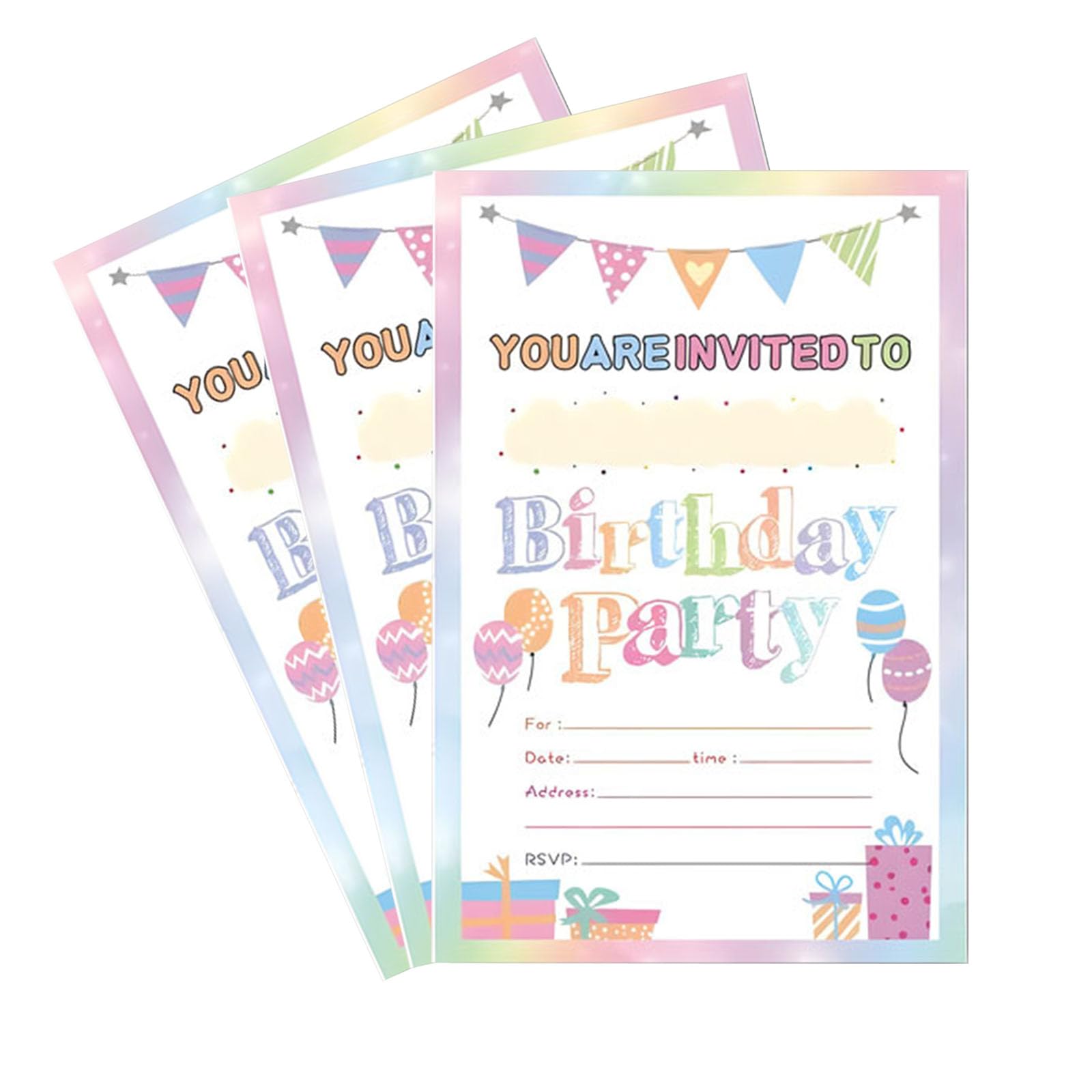 20 Pieces Double Sided Birthday Party Invitations for Kids - Colorful Modern Design Invitation Cards with Balloon & Gift Theme for Girls Boys Celebration