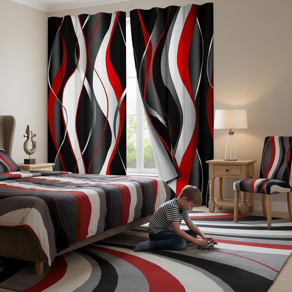 Cortinas Rojas y Grises Negras con patrón geométrico en Espiral, Cortinas de Ventana para niños y niñas, tratamientos de Ventana de 46 x 72 Pulgadas de Ancho