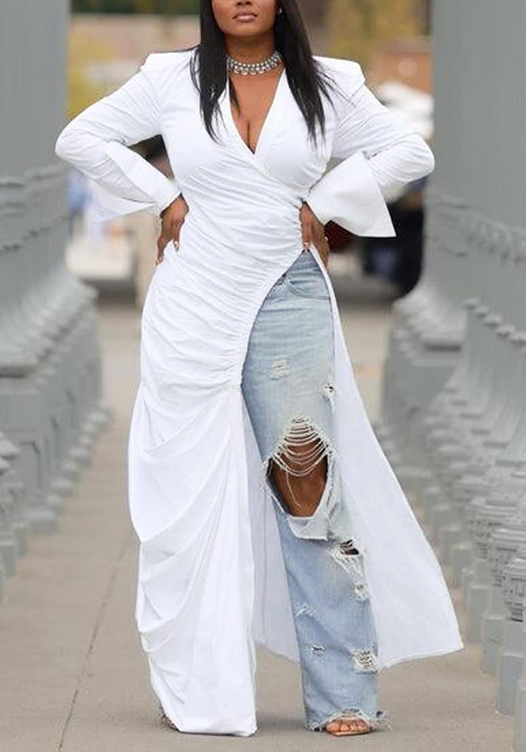 Seltaon Sexy Shirt Dresses for Women High Low Asymmetrical Tops Long Sleeve T Shirt Dress - Image 2