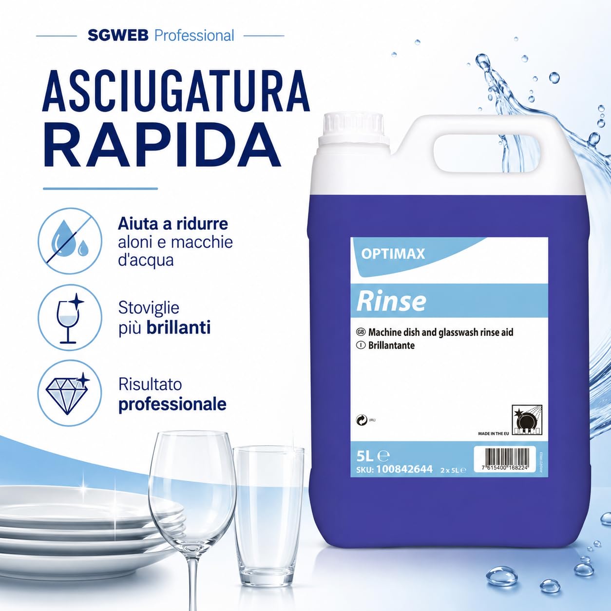 Brillantante Lavastoviglie Professionale 2 x 5L, Additivo Liquido per Risciacquo Stoviglie, Bicchieri e Posate, Asciugatura Rapida, Meno Aloni e Brillantezza Professionale