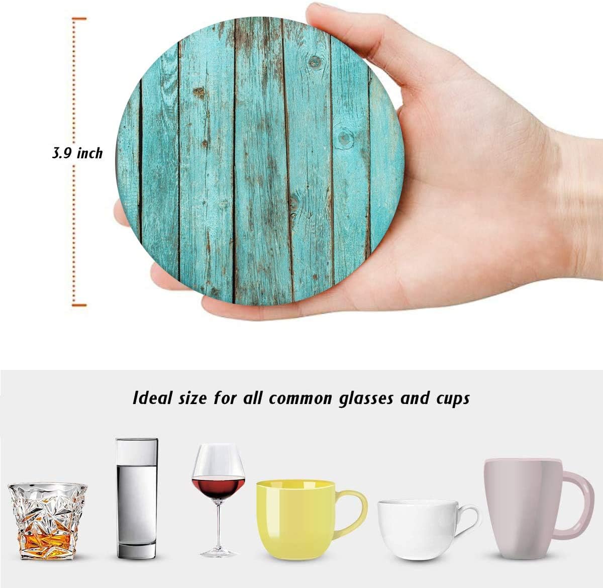 Britimes Set of 6 Coasters for Drinks Absorbent Retro Wood with Cork Base, Metal Holder, Round Stone Drink Mat for Coffee Wood Table, Gift for Birthday, Farmhouse Housewarming Room Bar Decor