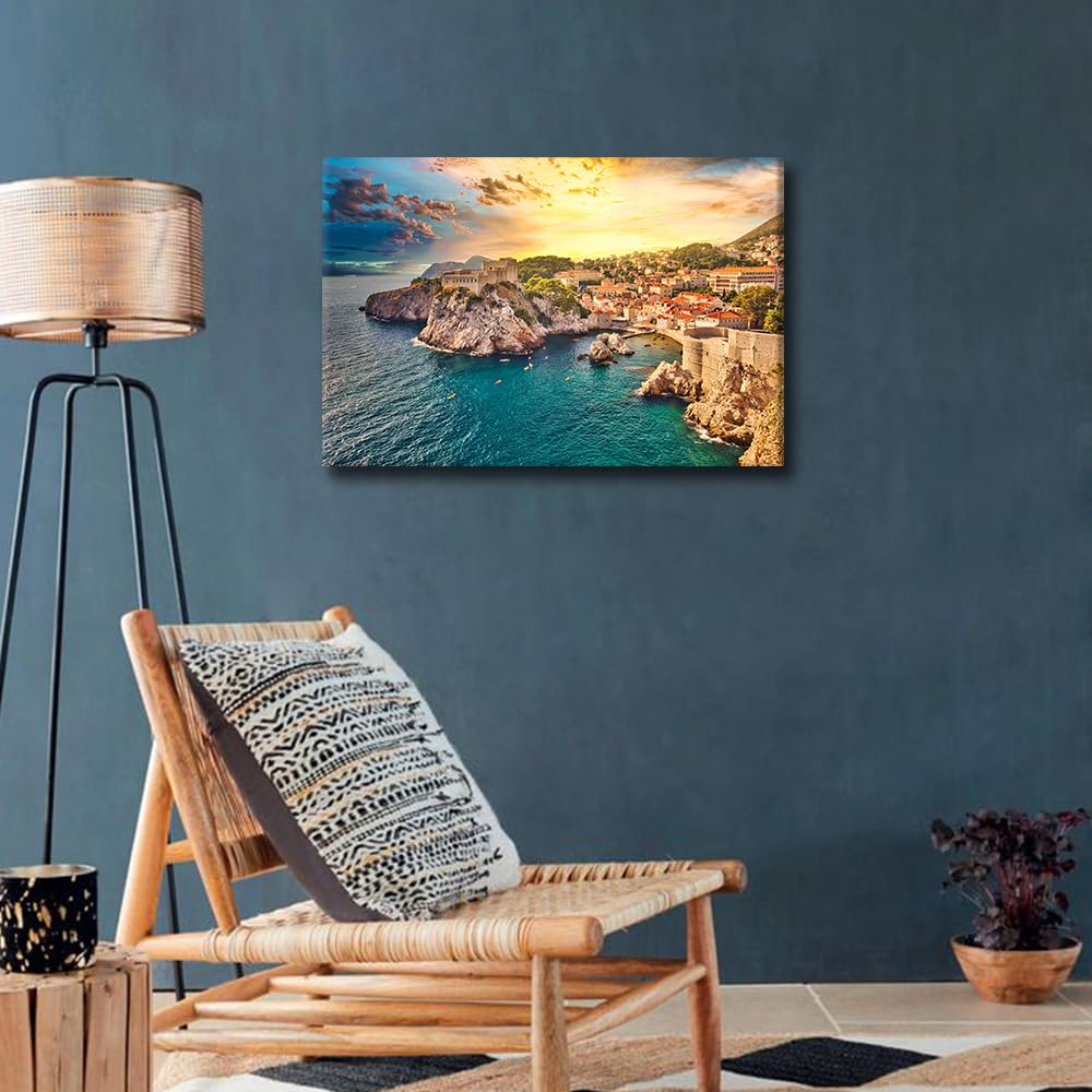 Dubrovnik Skyline Wall Art Croatia Cityscape at Sunset Pictures Print On Canvas Seaside Modern Artwork Europe City Wall Art for Living Room Office Giclee and Prints Framed Ready to Hang - Image 3