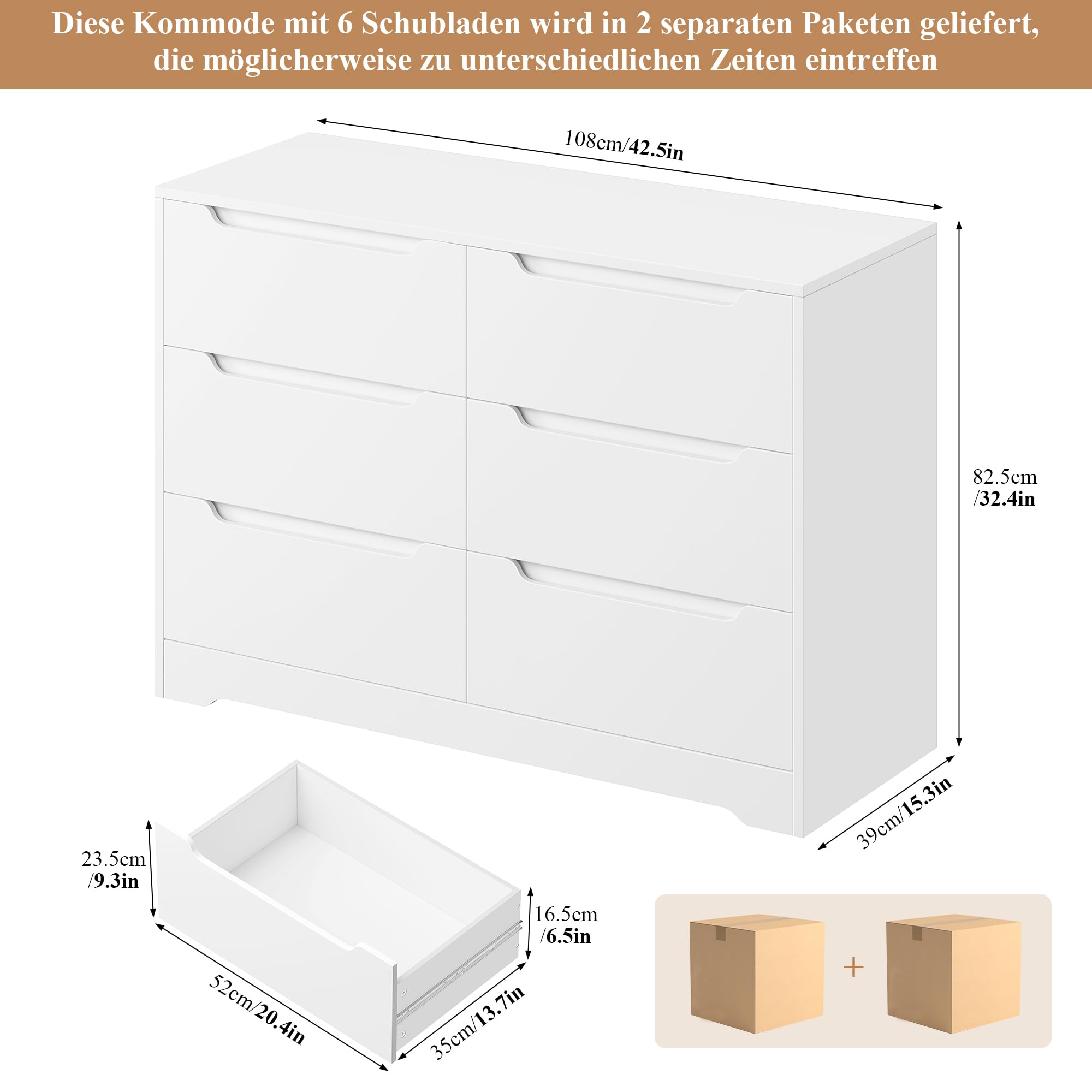 HOCSOK Kommode mit 6 Schubladen, Sideboard Schubladenschrank aus Holz, Kommode für Schlafzimmer, Wohnzimmer, Flur, Modern, 108 x 82,5 x 39 cm