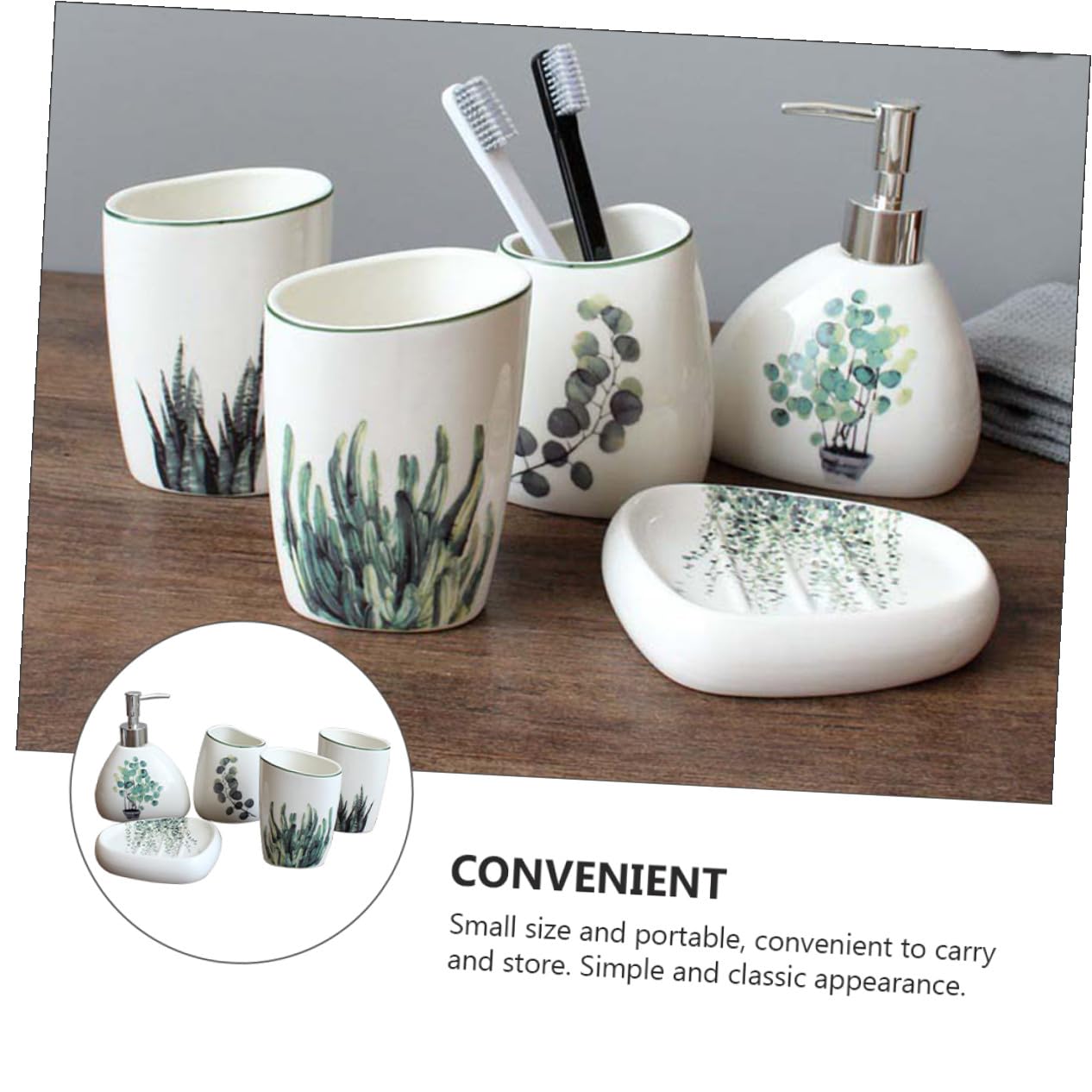LIFKOME 5 pezzi Accessori Bagno in Ceramica Verde con Porta Spazzolini Flacone Lozione e Vassoio Sapone Superficie Liscia Facile da Pulire Resistente e Decorativo per Bagno Quotidiano