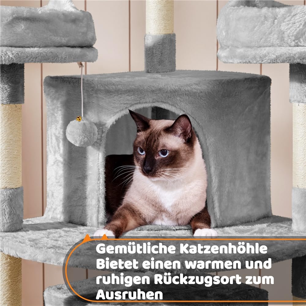 Yaheetech Kratzbaum Katzenkratzbaum 174 cm Katzenbaum Groß Kletterbaum 3 kuschelige Aussichtplattformen Spielhaus für Katzen Hellgrau