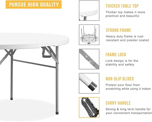 Miniatura 4 de Mesa plegable redonda de 48 pulgadas, de plástico blanco, plegable, mesa de tarjetas circulares para fiestas al aire libre, mesas de banquete, boda,