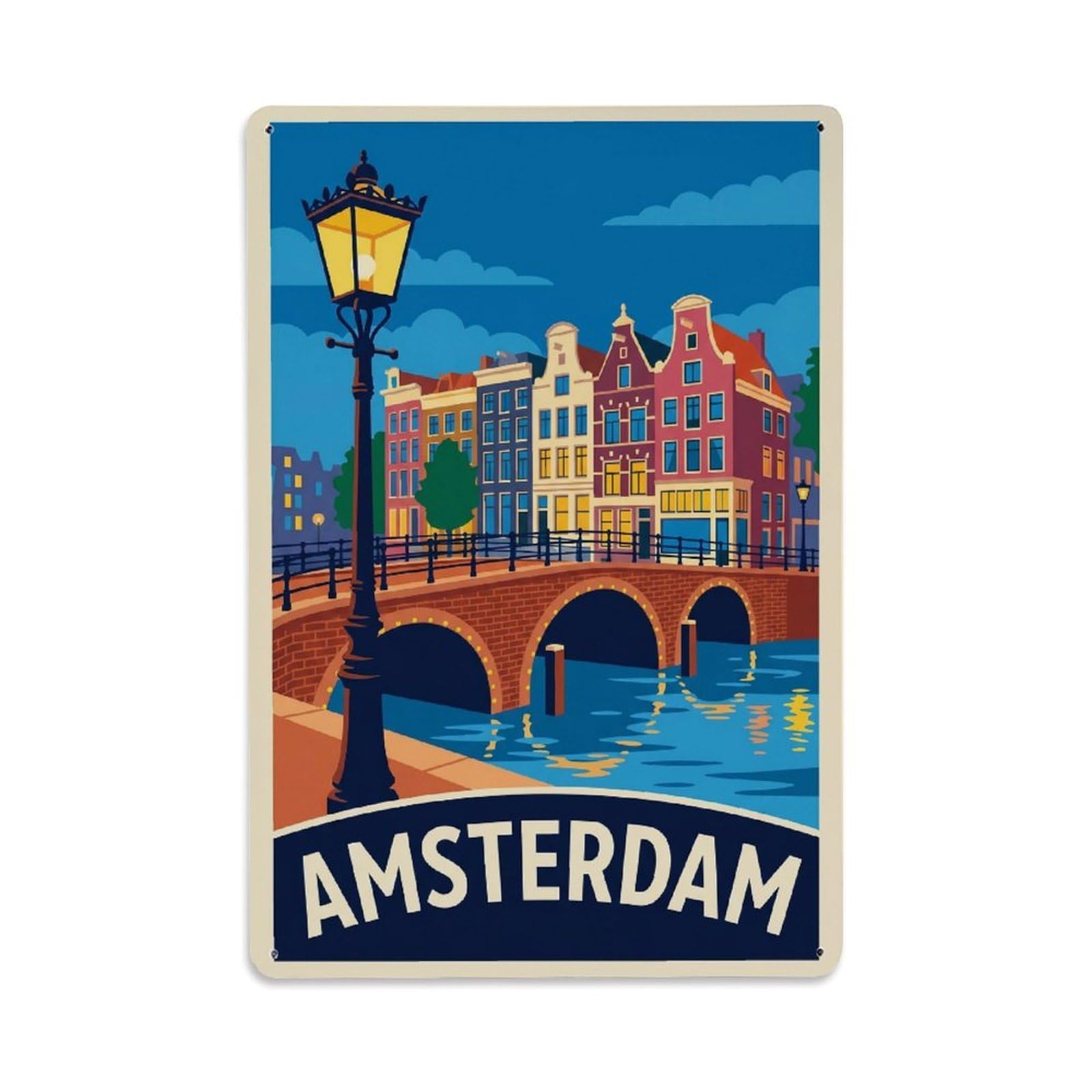 Lamppost Canal Classic Amsterdam Waterfront Tourism Metal Tin Sign Plaque Wall Decor for Cafe, Man Cave, Club Bar, Office, Home Garden Round Metal Poster 8x12Inch