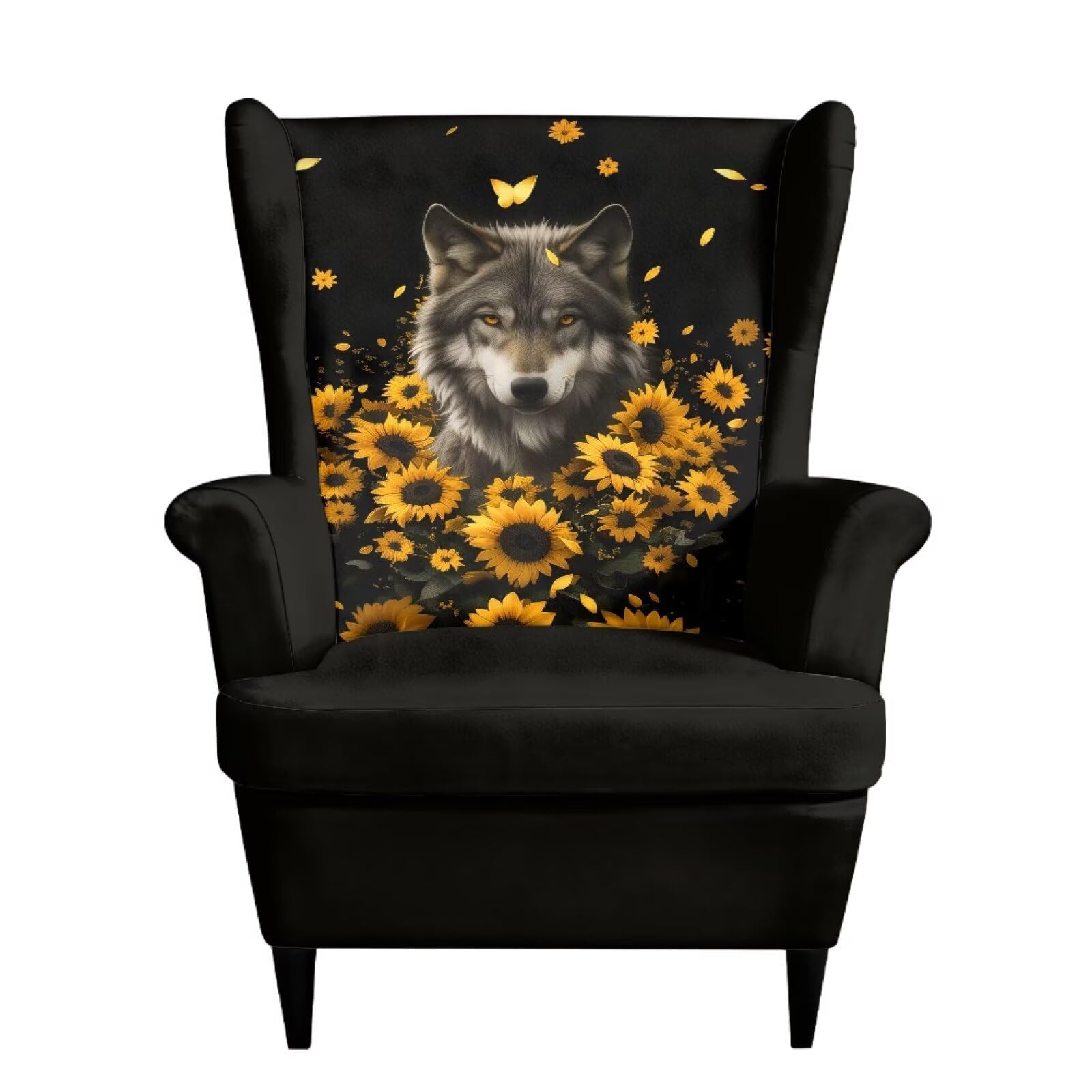 Xoenoiee Fundas elásticas para sillas de ala con estampado de girasol de lobo, 2 piezas, fundas lavables para sillones, protector de muebles antideslizante para sala de estar