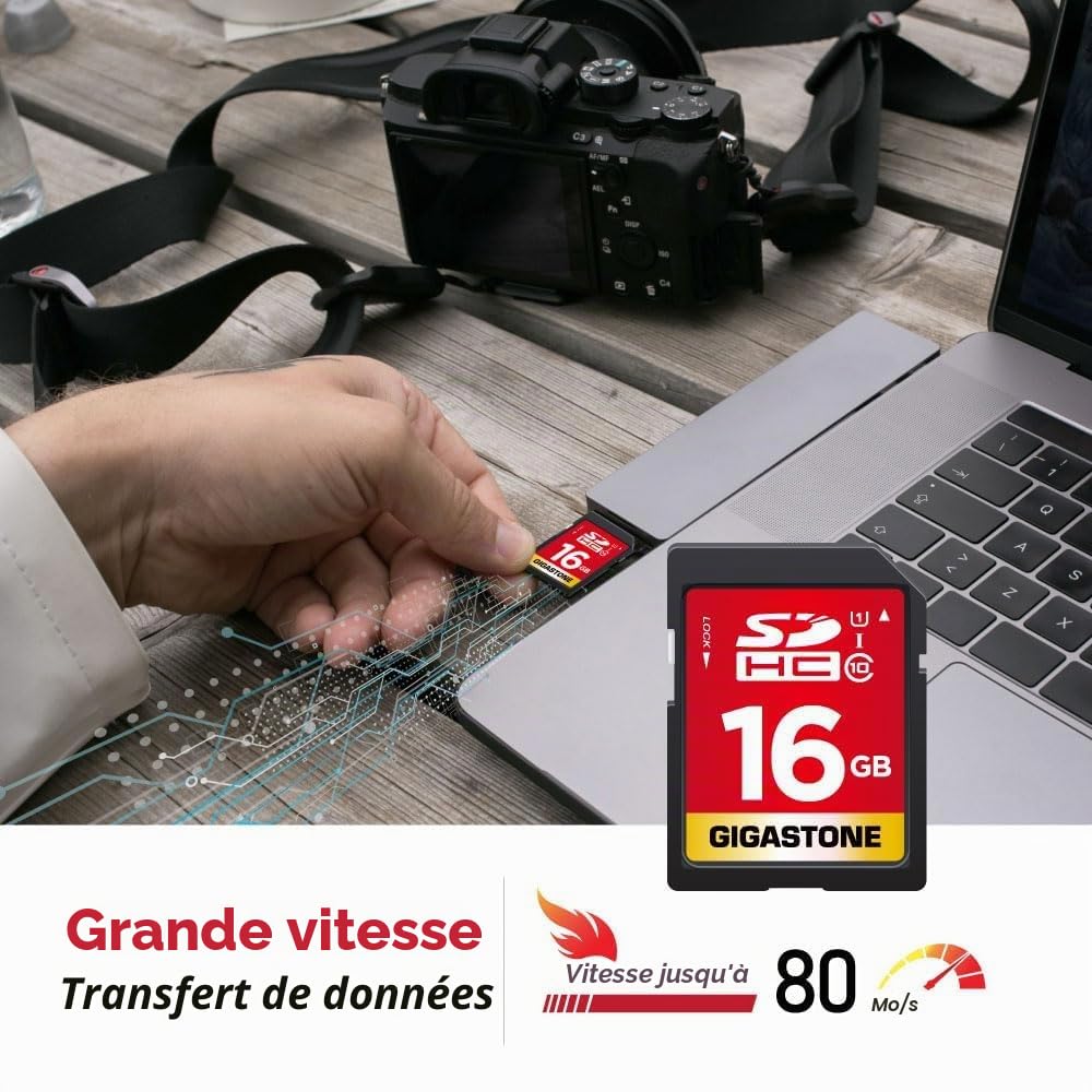 Gigastone 16 Go SDHC Carte Mémoire, Prime Série, Vitesse de Transfert allant jusqu'à 80 Mo/s. pour photos, vidéos, musique, fichiers, Caméscope, Caméra, PC, Classe 10 U1 UHS-I