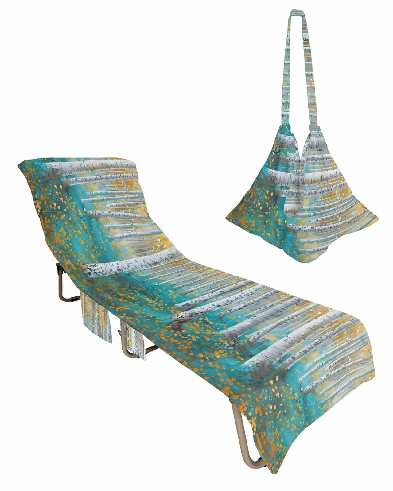 Abstract Tree Beach Chair Cover with Side Pockets, Microfiber & Quick Dry Pool Chaise Lounge Chair Towels Covers for Sun Sunbathing Patio Garden Hotel, Contemporary Painting Forest Natural Landscape