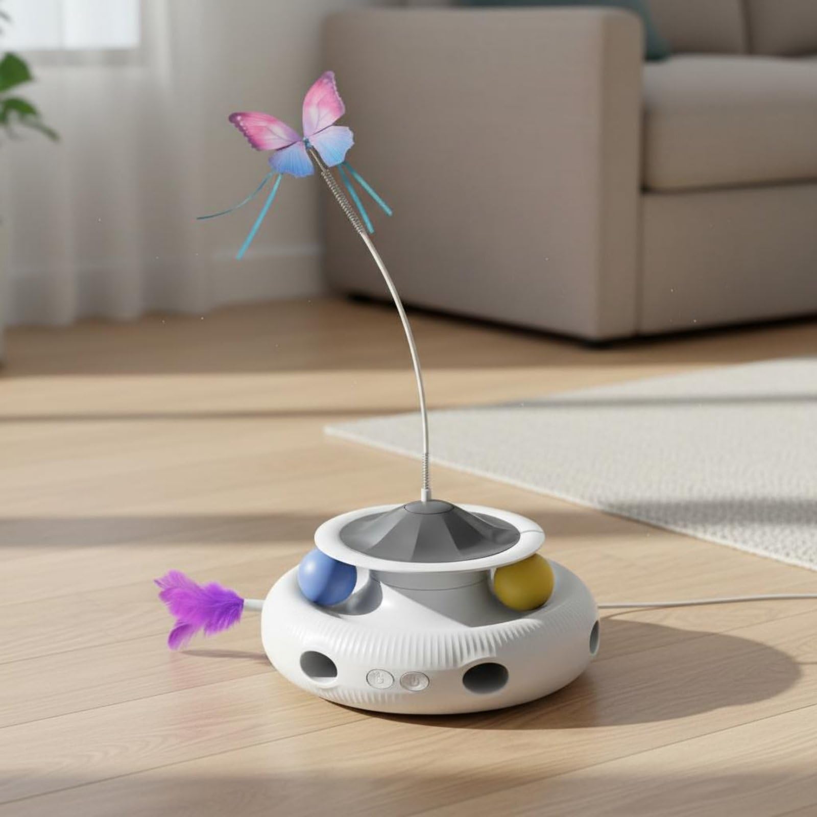 Giocattolo Interattivo per Gatti Farfalla Rotante Gioco Elettrico con Piume Asta a Molla Pista con Palline Sensore Integrato Ricarica Usb Materiale