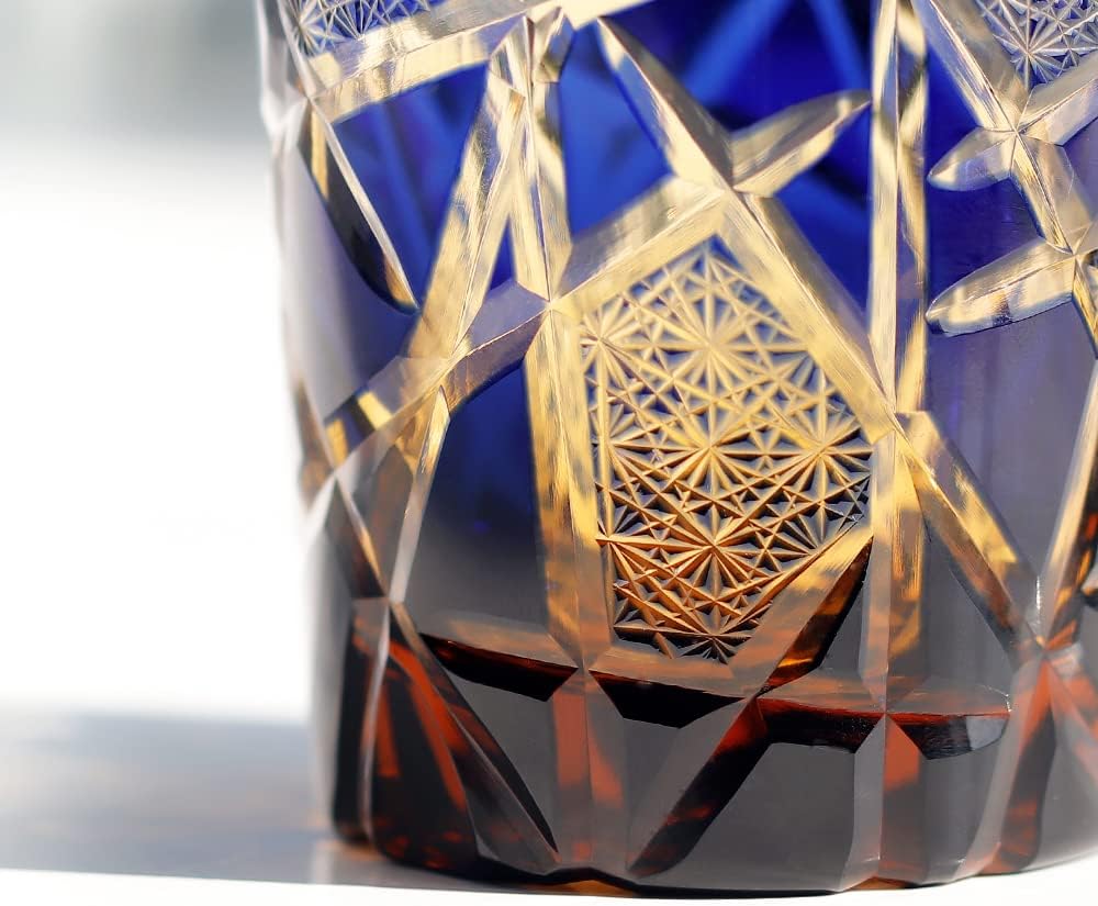 N/C JINZHI Edo Kiriko Old Fashioned Glasses Crystal Whiskey Glasses Cobalt Blue 9 OZ Wine Glass With Gift Box for Whiskey Scotch Bourbon Cocktail And Juice Drink