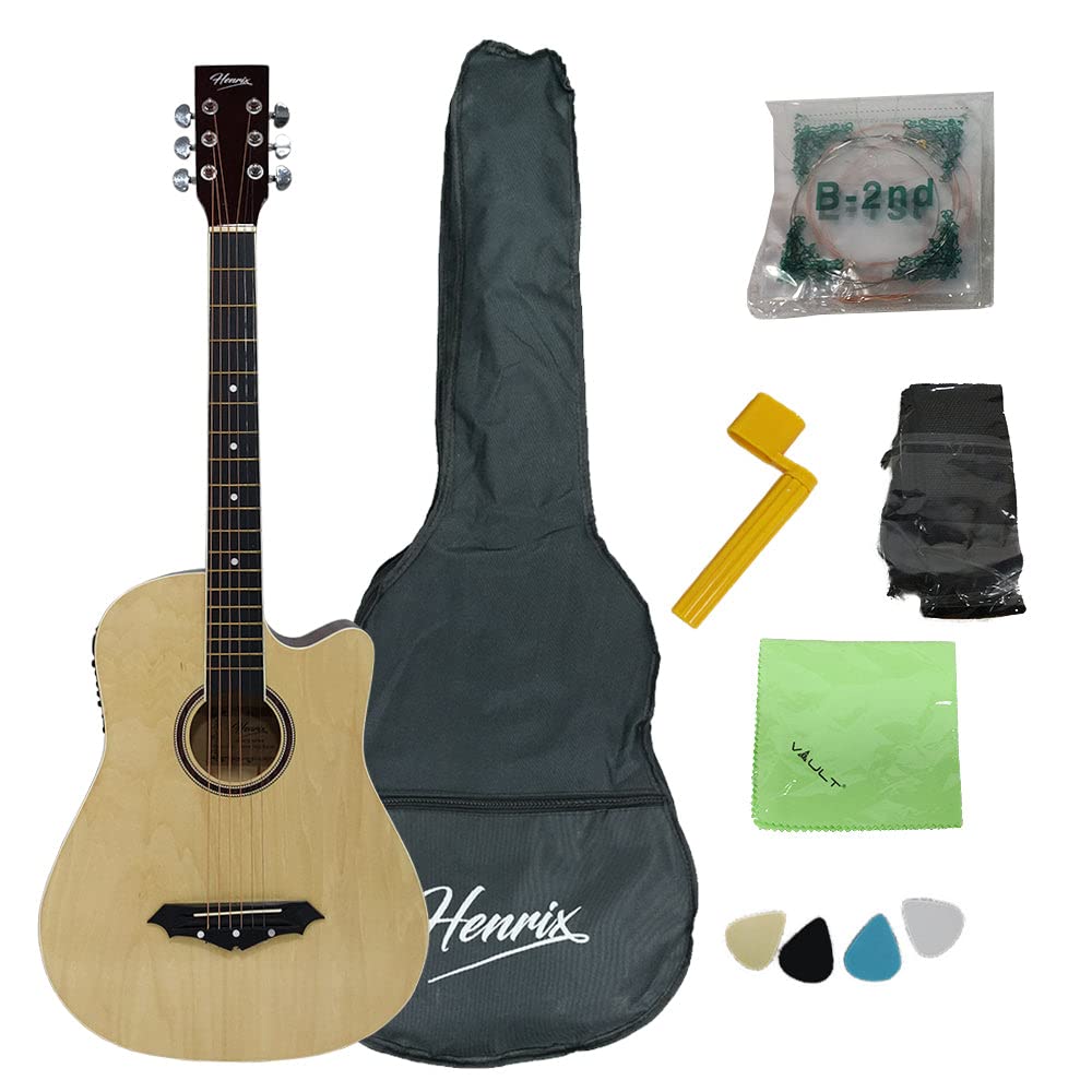 Henrix 38CE 38 Inch Cutaway Electro-Acoustic Guitar With Dual Action Truss Rod, Gigbag, Picks, String Set, String Winder, Strap, Polishing Cloth & Ebook - Natural-image-34